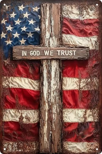 In God We Trust Patriotic American Flag & Cross Sign 8x12 in Vintage Christian Wall Decor for Home Church Garage Office Inspirational Faith Gift