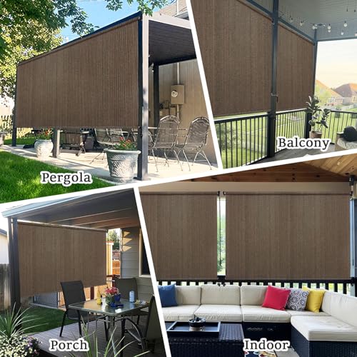 Image of 5' W x 6' H Cordless Outdoor Roller Shades, Mocha | 90% UV Block, Patio Roll Up Outdoor Blinds, 2 Poles & 1 Fabric, Exterior Sun Shade Cloth For Porch, Gazebo, Balcony, Pergola