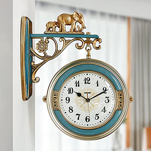 壁掛け時計、両面ヨーロピアンスタイル両面時計リビングルーム壁掛け時計静音デザインクォーツ時計両面ディスプレイホームデコレーション装飾、ブルー