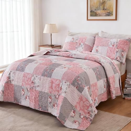 VIVILINEN Floral Patchwork Quilt Set Full Queen Size Quilted Bedspread Coverlet Set 3-Piece 0330 (Pink & Grey, Full/Queen Size)