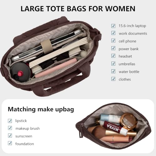 Image of Puffer Tote Bag for Women Quilted Nurse Bag Lightweight Work Bag for Teacher Travel Handbag with Multiple Pockets