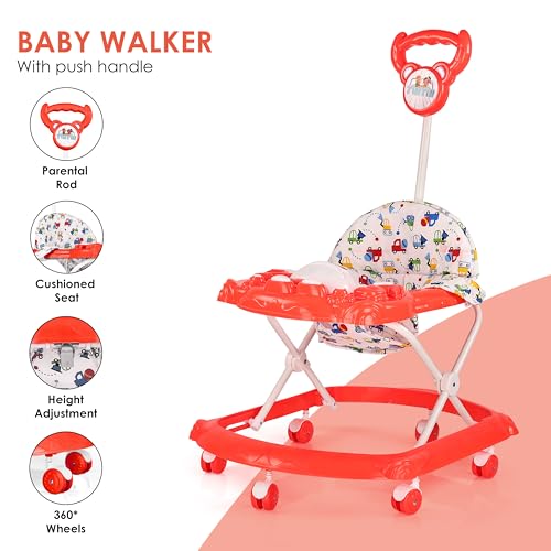 Image of BabyGo Tintin Baby Walker for 6-24 Months, Baby Walker with Push Handle & Activity Tray - Foldable Adjustable Height Infant Walker with Wheels, Music,Toy Bar and Comfotable seat (Red)