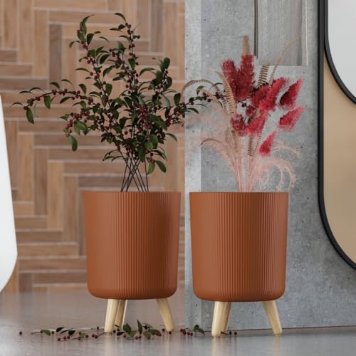 Image of StyleX Store Modern Flower Pot with Plastic Legs | Indoor Outdoor Planter for Home Garden Balcony Decor Ribbed Design Sturdy Plastic Mid-Century Style (Wood Brown Pack of 2)