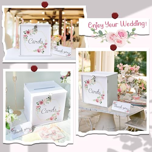 Image of OurWarm PVC White Wedding Card Box with Lock, DIY Gift Card Box for Wedding Reception, Pink Rose Wedding Money Envelope Box for Party Graduation Birthday Baby Shower Decorations