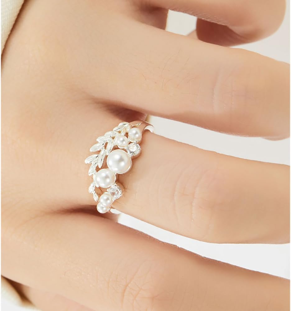 Kokoma Pearl Wheat Statement Ring for Women, Silver Plated Adjustable Open Band Crystal Leaf Promise Stacking Engagement Rings Band Wedding Jewelry - Image 3
