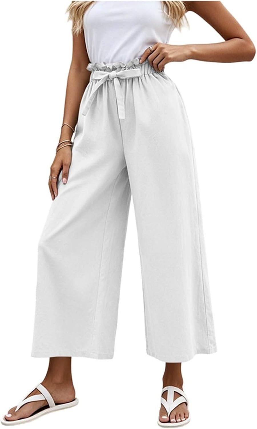 Women's Wide Leg Cropped Pants Casual Ruffle Elastic High Waisted Capri Trousers Drawstring Loose Fit Summer Pants