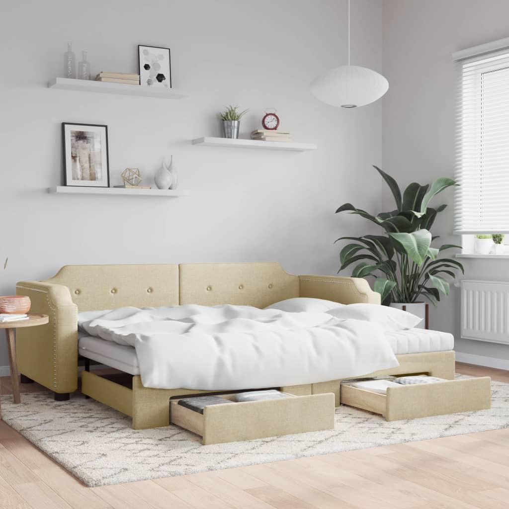 Łóżko dzienne wysuwane z szufladami, kremowe, 80 x 200 cm, obicie materiałowe, sofa do spania z 2 materacami, wytrzymała rama łóżka, meble do sypialni
