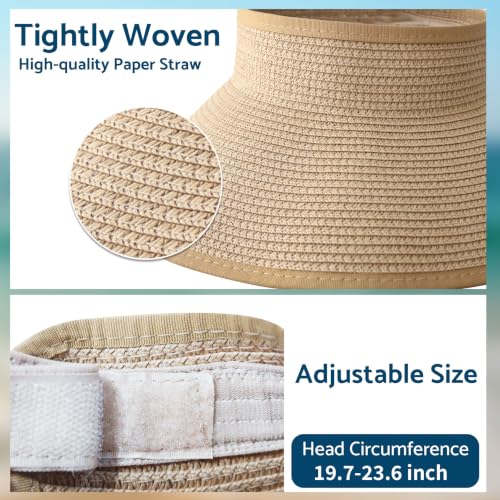 Image of NPJY Sun Hats for Women Wide Brim Roll-Up Beach Ponytail Hat Packable Foldable Travel Straw Visor