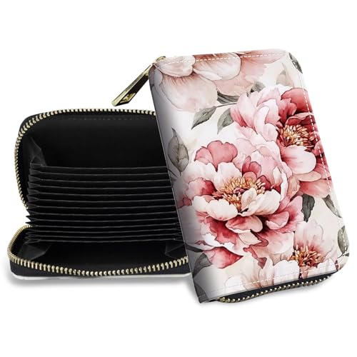 Credit Card Holder with Zipper, Slim RFID Blocking Card Wallet for Women Men Watercolor Flowers Design PU Leather Small Accordion Card Case Wallet, ID Card Organizer, Pocket Business Card Case