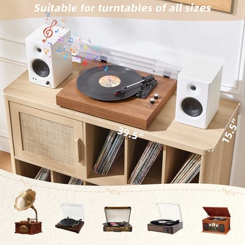 Image of LEYAOYAO Large Record Player Stand with Vinyl Storage Up to 450 Albums, Wood Rattan Boho Record Storage Accent Cabinet, Modern Stereo Media Cabinets, Wide Turntable Stand for Living Room, Natural Oak