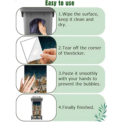 Image of 2 PC Trash Can Sticker 14.57 x 32.28 Inch Christmas Village Winter Town Vinyl Sticker with River Bridge Night Light and Snow House Pattern for Outdoor Garbage Bin Garden Yard Decor