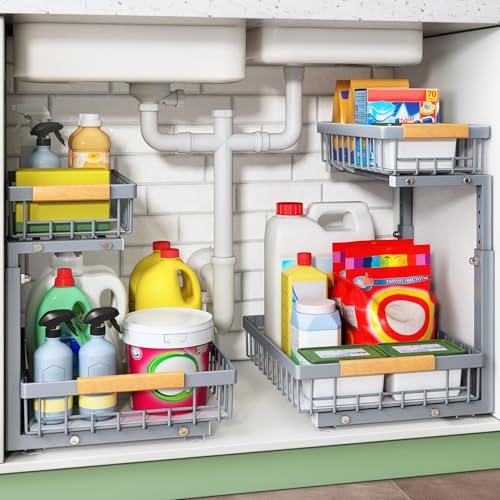 Image of Kitstorack Under Sink Organizer, 2 Tier Under the Sink Storage, Slide out Pull out Cabinet Organizer Shelf, Metal Sliding Drawer for Kitchen Bathroom Pantry Closet Organization Rack, Grey, 2 Pack