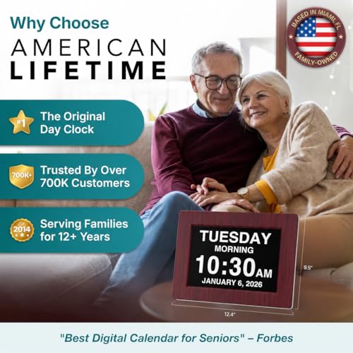 Image of American Lifetime New 2026 Dementia Clock Large Digital Clock for Seniors, Alzeimer Clock Large Display with Custom Alarms, Clock with Day & Date for Elderly, Digital Calendar Premium Mahogany 12 inch