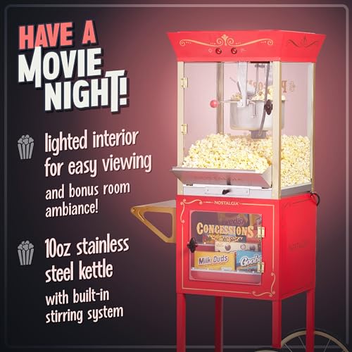 Nostalgia Popcorn Maker Professional Cart, 10 Oz Kettle Makes Up to 40 Cups, Vintage Movie Theater Popcorn Machine with Interior Light, Measuring Spoons and Scoop, Red