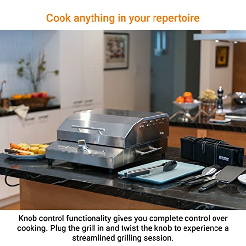 Kenyon G2 Portable Tabletop Electric Grill, 1800W Single Burner, Stainless Steel Body, Cast Aluminum Grate, Ul Approved Grill For Indoor And Outdoor Use, Removable Lid, Dishwasher Safe, 120Volts #TOP5