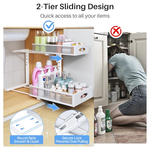 Image of Under Sink Organizer, 2 Tier Pull Out Under Cabinet Organizer Shelf with Pad for Framed Cabinets, Metal Slide Out Under Sink Storage, Mesh Sliding Drawers for Kitchen Bathroom Laundry(White, 1 Pack)