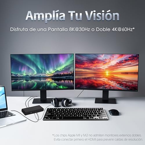 Imagen que ilustra la capacidad de la estación de acoplamiento para conectar una pantalla 8K o dos pantallas 4K a 60Hz.