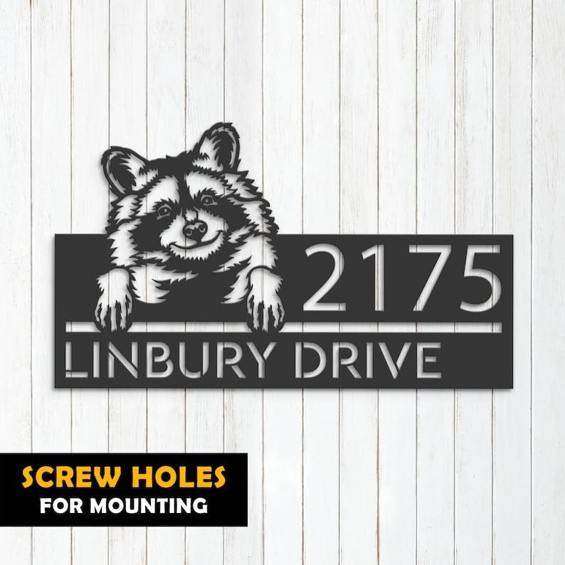 Personalized Raccoon Address Sign, 8x8 inch, Black Aluminum, Whimsical Style, Wall Mount, Lawn & Entrance Sign, 1 Count