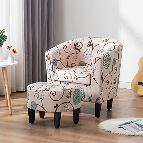 MELLCOM Mid Century Modern Accent Chair with Ottoman Foot Rest, Upholstered Modern Barrel Chair Club Chair, Comfy Fabric Armchair for Living Room, Reading Room, Bedroom, Beige Floral