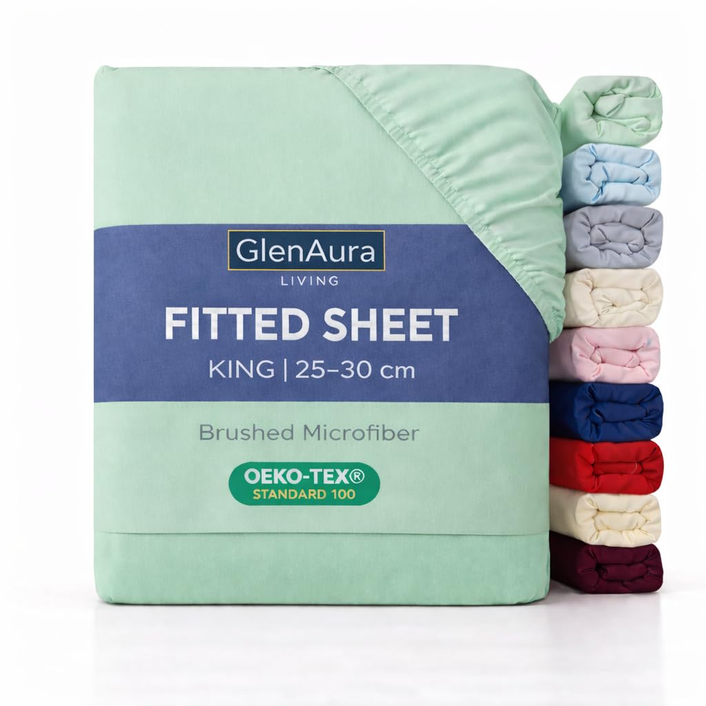 GlenAura Living Fitted Sheet King, Sage - Deep Pocket 25cm - OEKO-TEX Certified - Brushed Microfibre - Bed Sheet, Soft Stretch Fit, Wrinkle Fade & Shrink Resistant