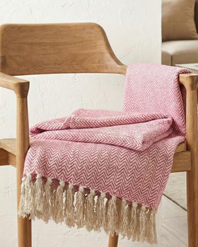 Image of Cotton Weave Boho Sofa Throw Blanket 50x60 Inches or 125x150 cms Lightweight, Soft & Breathable Couch, Bed or Chair Throw Blanket for Living or Bedroom, Zigzag Coral Peach
