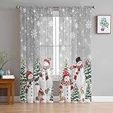 Grey Christmas Snowman Sheer Curtains 84 Inches Long, Xmas Trees Snowflakes Light Filtering Window Curtains for Living Room/Bedroom, Winter Rod Pocket Voile Sheer Curtain Drapes, 52"W x 84"L, 2 Panels