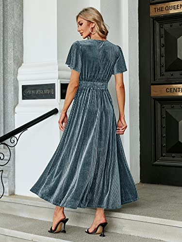 Image of Simplee Women's V Neck Velvet Maxi Dress Short Sleeve Empire Waist Long Formal Dress for Wedding Guest