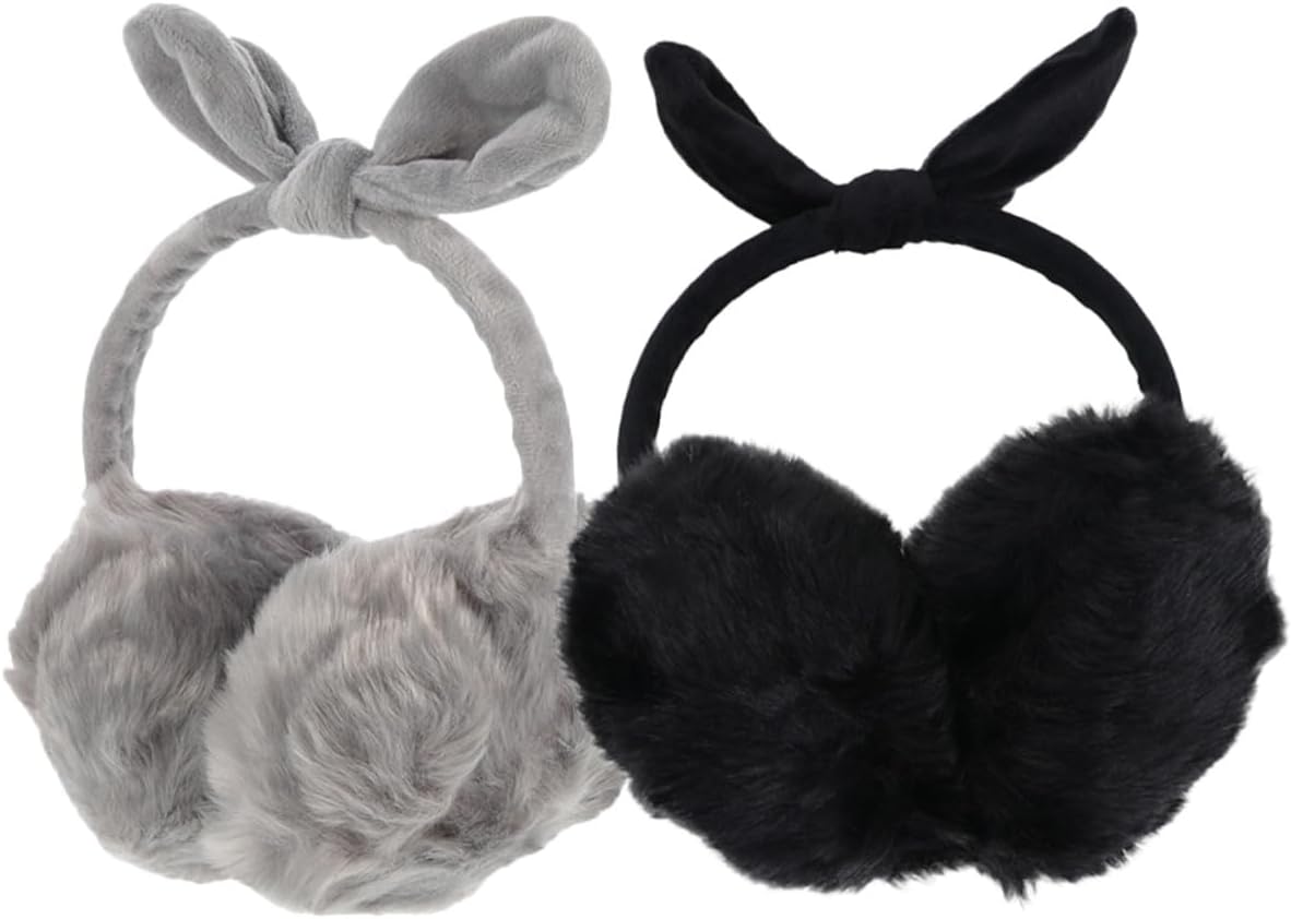 2pcs Plush Ear Covers Thermal Ear Warmers with Adjustable Headband, Butterfly Bow Design, Windproof Winter Earmuffs for Women Outdoor Use