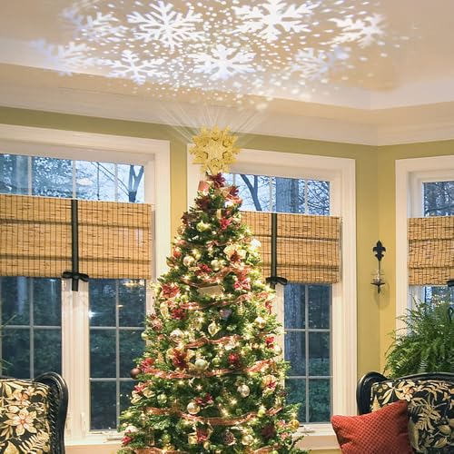 PHITRIC Topo de árvore de Natal, estrela de árvore de Natal dourada de 20 cm com luzes de projetor,