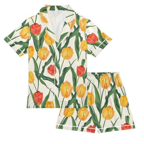 ALAZA Red Yellow Tulip Blossom Pajamas Satin Pajama Set Short Sleeve Button Down Sleepwear