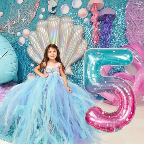 Image of Mermaid Starry 5 Balloons, 40 Inch Giant Teal Blue Purple Mylar Foil Number 0-9 Helium Balloon for Girls, Self Inflating Rainbow 5th Birthday Balloon for Women Anniversary Party Decorations Supplies