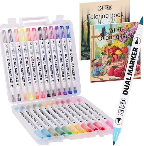 24 Colors Alcohol Markers & 2 Pack Coloring Book Set for Adults to Relax and Relieve Anxiety, included 24 * 2 Themes Designs