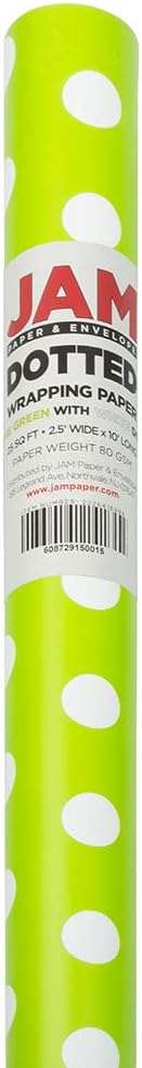 JAM Paper Gift Wrap - Polka Dot Wrapping Paper - 25 Sq Ft - Lime Green with White Dots - Roll Sold Individually