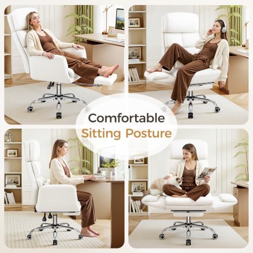 Image of Big and Tall Office Chair 500LBS, Ergonomic High Back Leather Executive Chair, Reclining Swivel with Adjustable Armrests Lumbar Support Footrest, Cross Legged, White