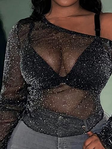 SOLY HUX Women's Plus Size T Shirts See Through Sheer Tops Off The Shoulder Long Sleeve Sexy Sparkly Tee3