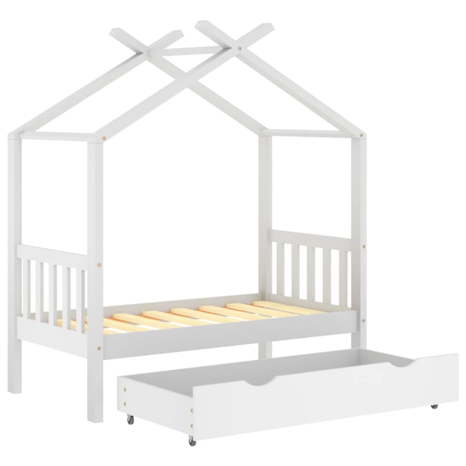 Chusui Kinderbett mit Schublade, Kinderbett, Hausbett, Kinder Bett, Betten, Weiß Massivholz Kiefer 70x140 cm