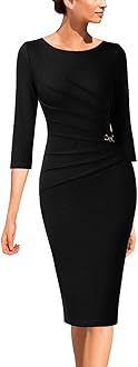 VFSHOW Womens Elegant Ruched Pleated Work Business Office Cocktail Party Bodycon Pencil Sheath Dress, Black, Medium