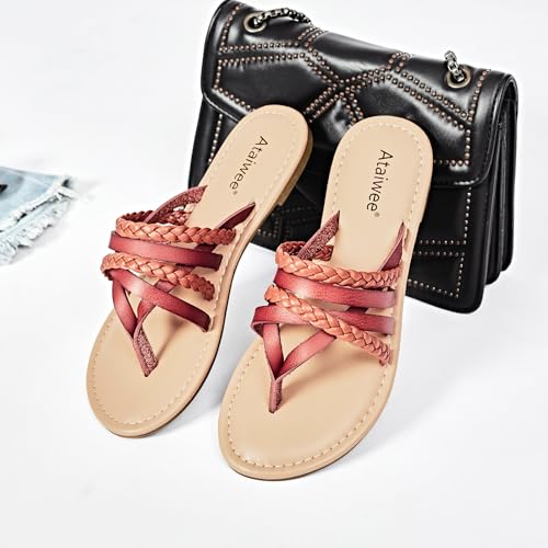 Image of Ataiwee Women's Flat Slide Sandals - Comfortable Open Toe Design,Casual Slip-On with Ankle Strap,Hook-and-Loop Closure Summer Sandals.