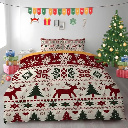 布団カバー クイーン クリスマス|マイクロファイバー 掛け布団カバー 210x210 +枕カバー 2枚 3点セット|吸汗速乾・防静電気・洗濯耐久|肌ざわり最高 クリスマスツリーとトナカイ なプリントデザイン PH707