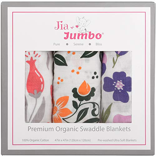 Organic Girl Swaddle Blankets- Floral Muslin Swaddle Blankets - Girl Receiving Blankets Large -Super-Soft Cotton swaddling Blankets for Baby- Gift Set of 3- Pink Purple Flower- Blossoms