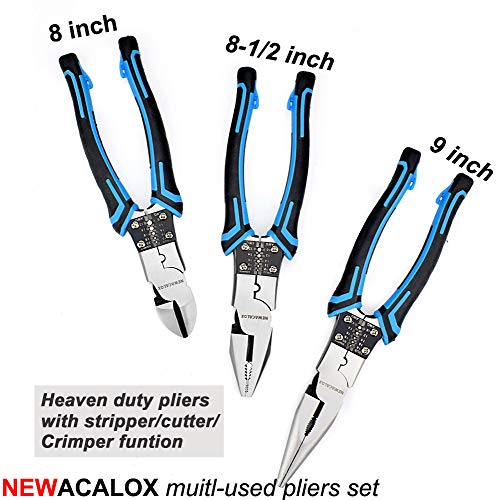 NEWACALOX Multi Pliers Set (Industrial Linemans Side Cutting Needle Nose Plier with Wire Stripper Crimper Function, Heavy Duty pliers Blue)