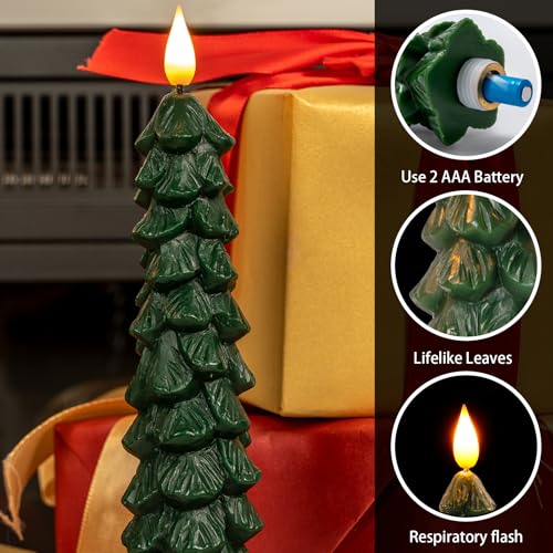 Image of Homemory 3 Pcs Christmas Tree Candles with Remote, Waxy Flameless Taper Candles Flickering, Green LED Candlesticks Battery Operated for New Year Celebration Holiday Decorations 9.7 Inches