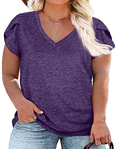 Womens Plus Size Tops V Neck T Shirts Casual Loose Petal Sleeve Tee Shirts