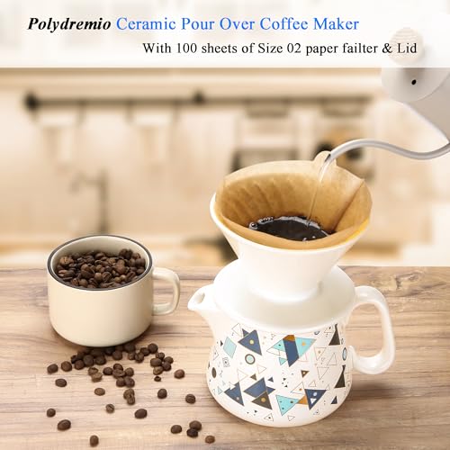 Image of Pour Over Coffee Maker, Ceramic Coffee dripper with 100 pcs Paper Filter, Ceramic coffee Server with Lid, 15.5oz /450 ml, Suitable for 1-2 people (White A)