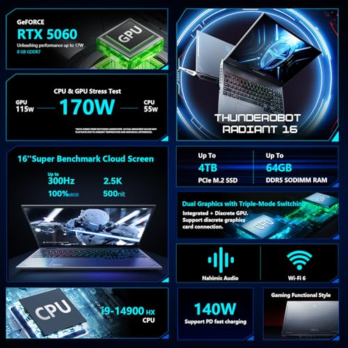 Image of Thunderobot Radiant 16 i9 5060 2.5K 300Hz Gaming Laptop, NVIDIA GeForce RTX 5060, Core i9-14900HX, 16 inch QHD+ 300Hz Display, 32GB DDR5, 1TB SSD, RGB Backlit Keyboard, Wi-Fi 6, Win 11 Home, Black