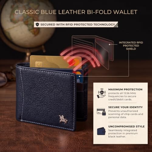 Image of LONDON ALLEY Slavia Blue Leather Wallet for Men, 6 Card Slot | RFID Protected