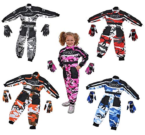 WULFSPORT - Traje de una pieza para niños con motocross Quad MX Off Road Trials Go-Karting ATV MTB BMX Enduro Race JUNIOR para niños, Infantil, Camo Pink, Junior (M) 7-8 Yrs with Glove 2XS