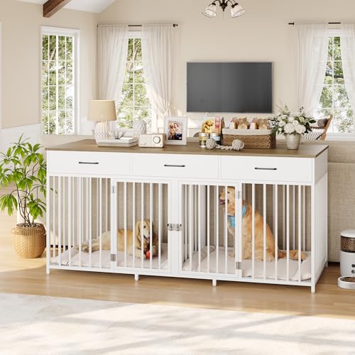 HOSTACK-Double-Dog-Crates-Furniture-71-Wide-Indoor-Dog-Kennel-with-3-Drawers-Farmhouse-Dog-Cage-for-2-LargeMedium-Dogs-Heavy-Duty-Dog-Crate-with-Removable-Room-Divider-Wooden-Pet-House-White HOSTACK Double Dog Crates Furniture 71 Wide Indoor Dog Kennel with 3 Drawers Farmhouse Dog Cage for 2 LargeMedium Dogs Heavy Duty Dog Crate with Removable Room Divider Wooden Pet House White