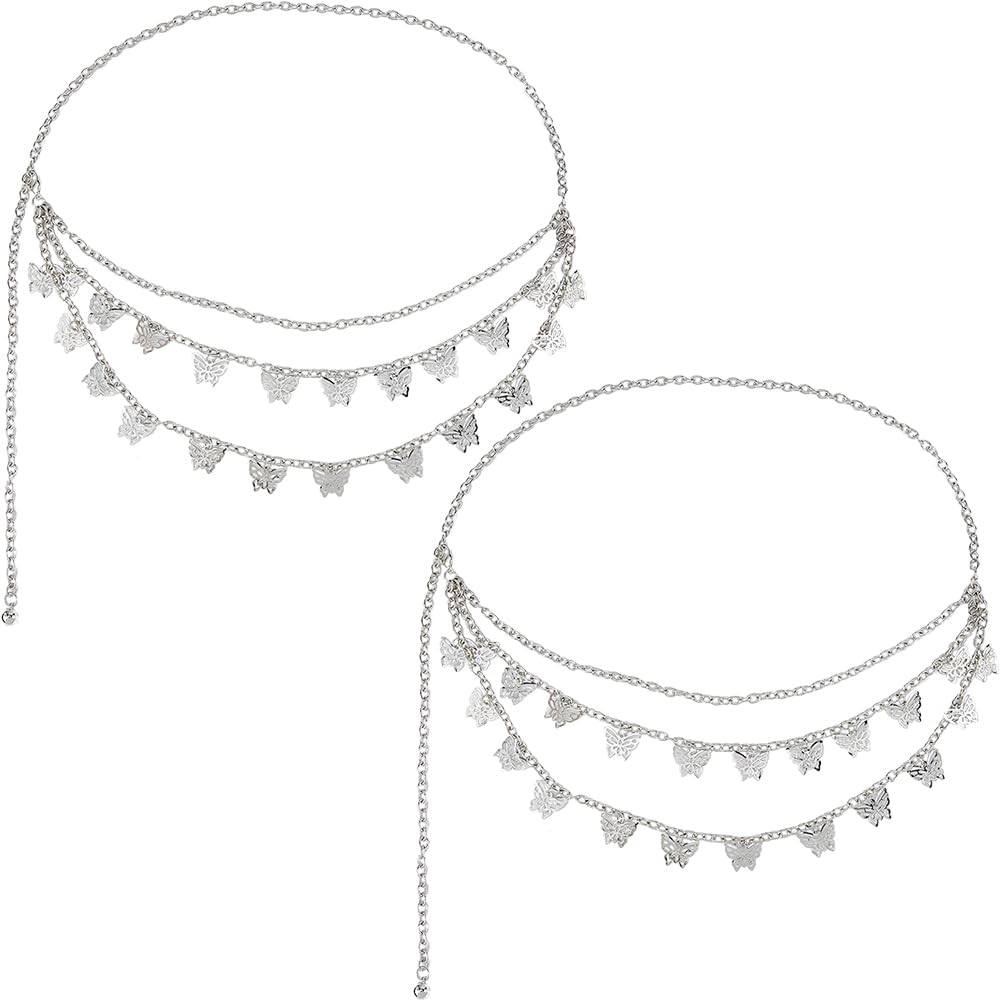 2Pcs Women Butterfly Waist Chain Multi-Layer Butterfly Waist Chain Butterfly Platinum Chain Thin Belt Belt Waist Jewelry Accessories