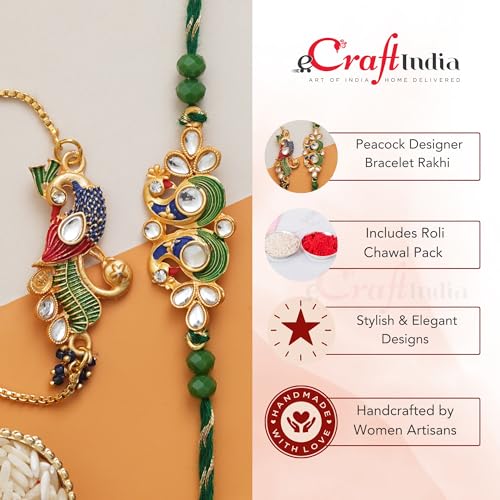 Image of eCraftIndia Set of 2 Peacock Designer Bracelet Rakhi for Brother and Bhabhi | Best Bro Ever Fridge Magnet | Roli Chawal Pack | Bhaiya Bhabhi Rakhi